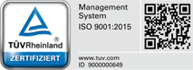 Bestätigung der Zertifizierung nach ISO 9001:2015 vom TÜV Rheinland.